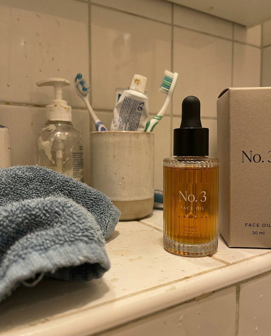 Phone snapshot of the No. 3 face oil bottle and carton on a bathroom shelf